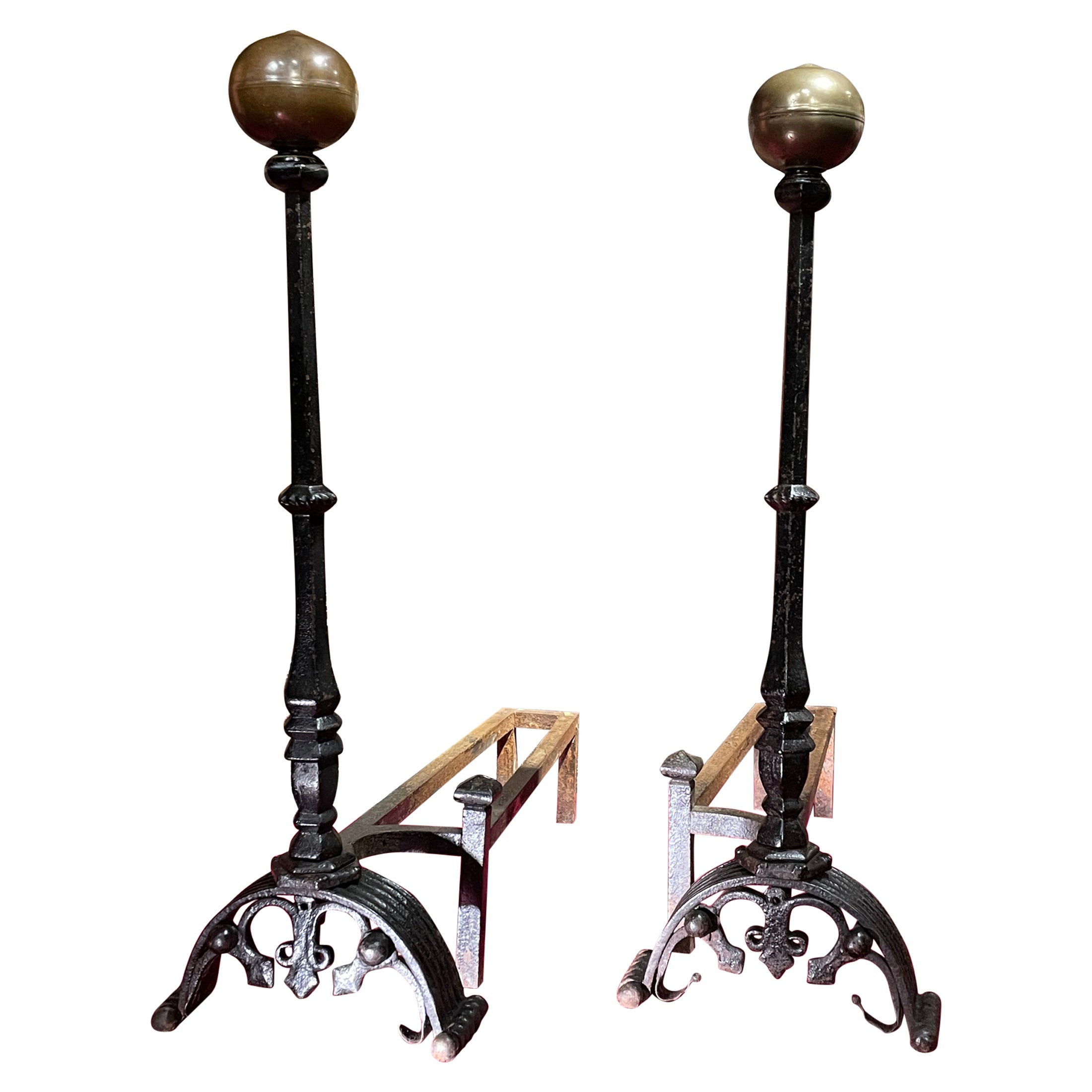 Pair of Large Florentine Wrought Iron Andirons from the Gothic Period For Sale