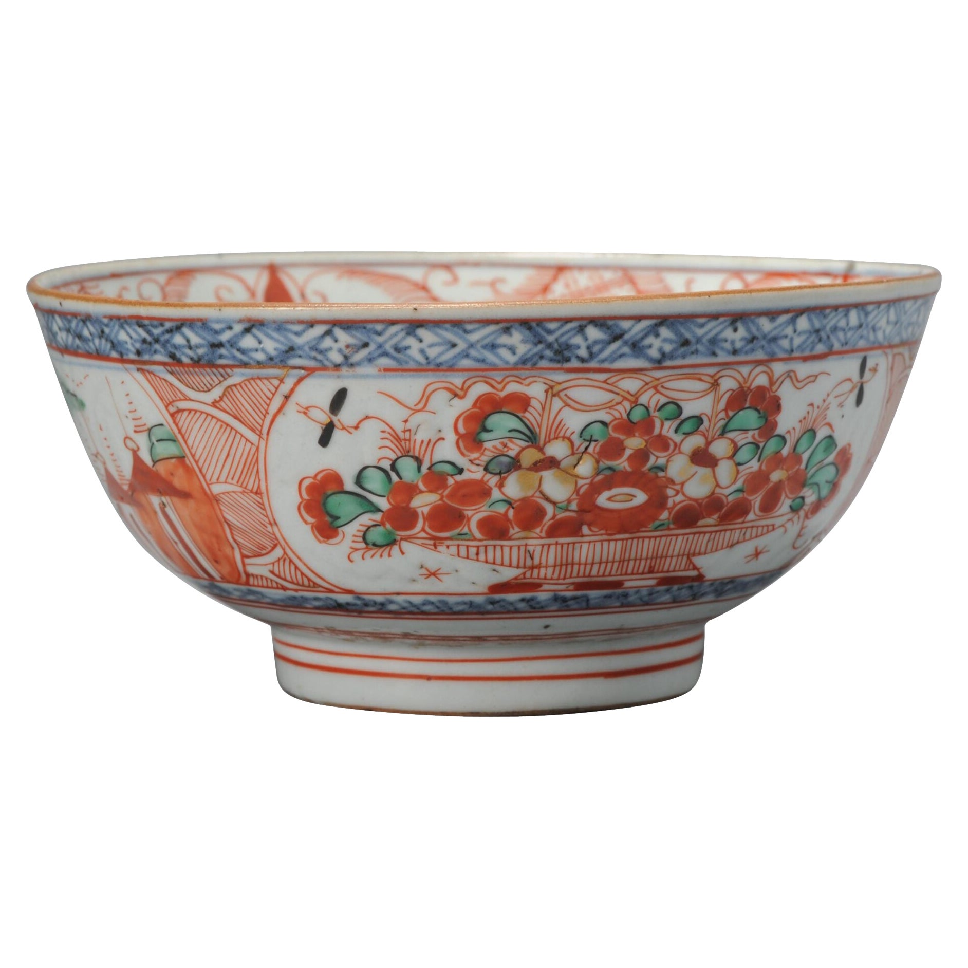 Antique Amsterdam Bont Porcelain Bowl Chinese Polychrome Landscape, 17-18th Cen For Sale