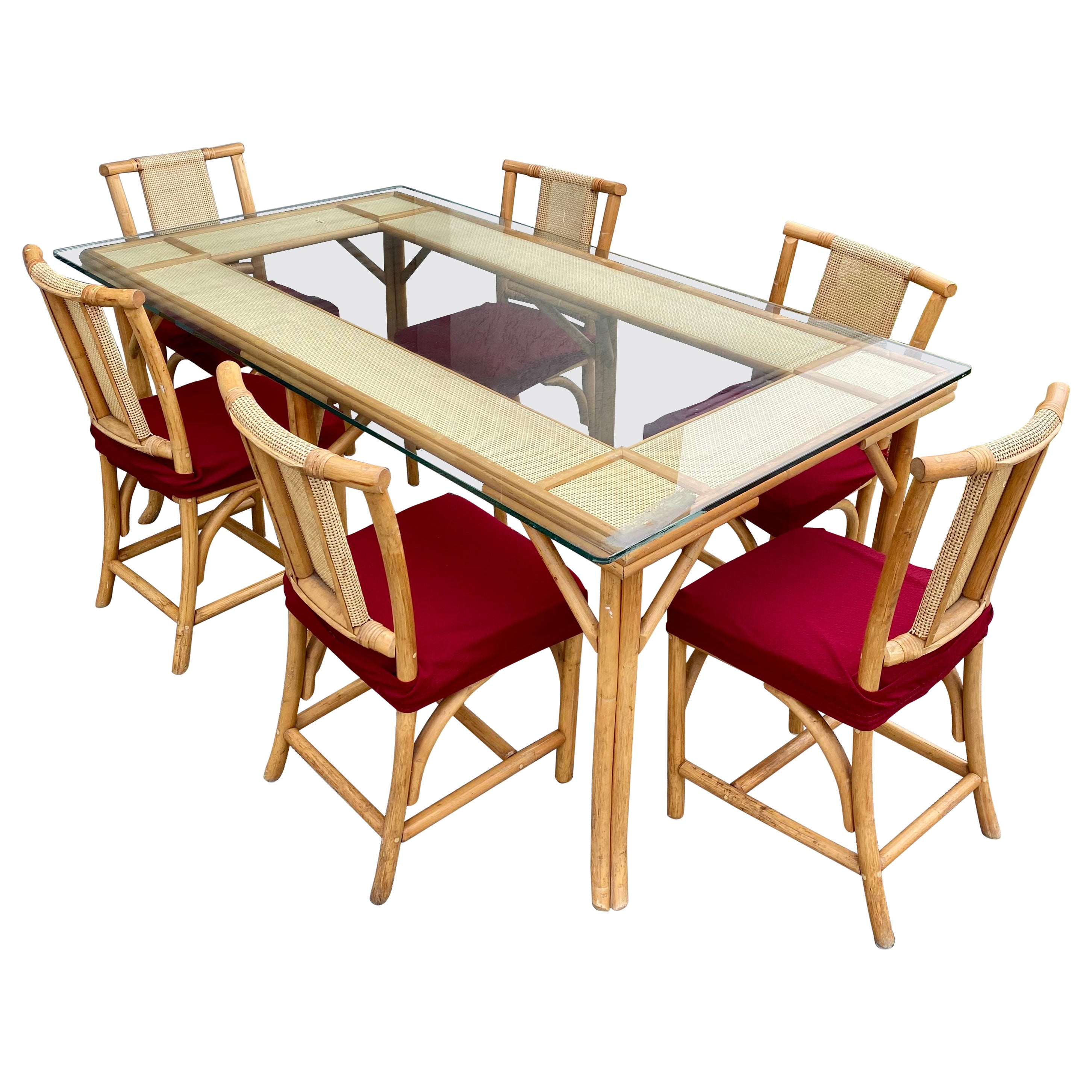 1970s Rattan Glass Dining Set, Set of 7 For Sale