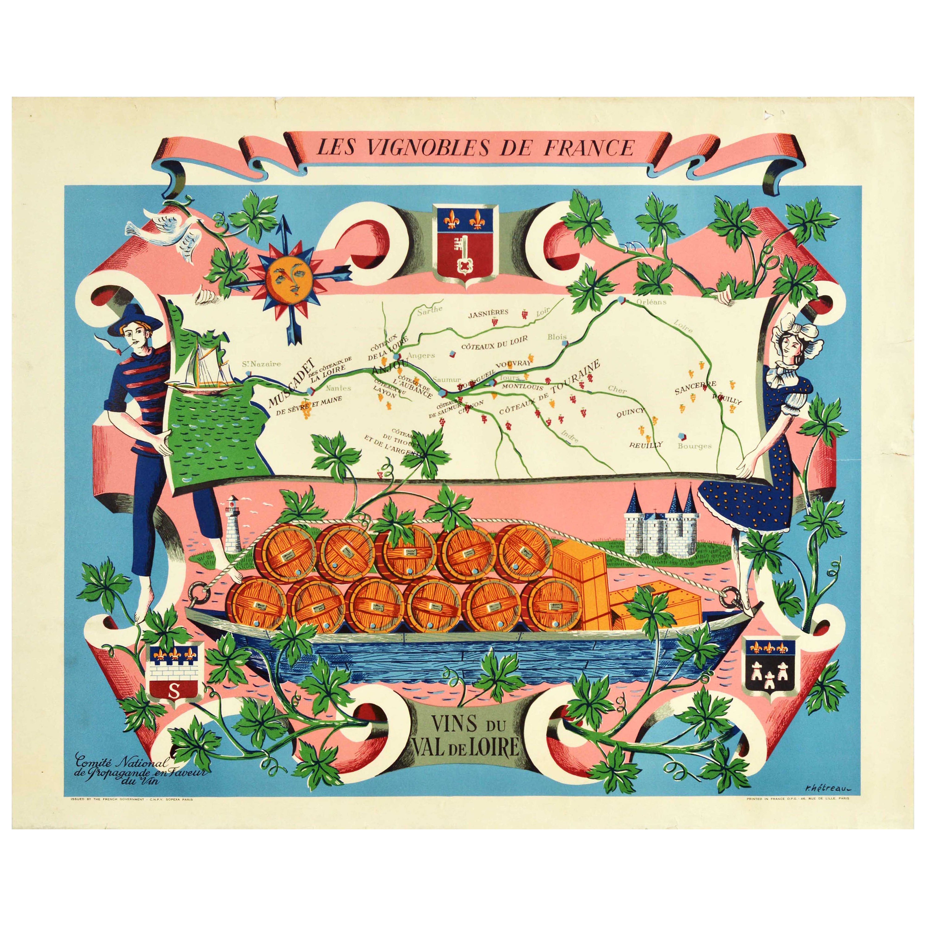 Original Vintage Poster Vignobles De France Vins Du Val De Loire Valley Wine Map For Sale