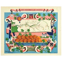 Affiche vintage d'origine, Vignobles de France, Vins du Val de Loire, Carte des vins