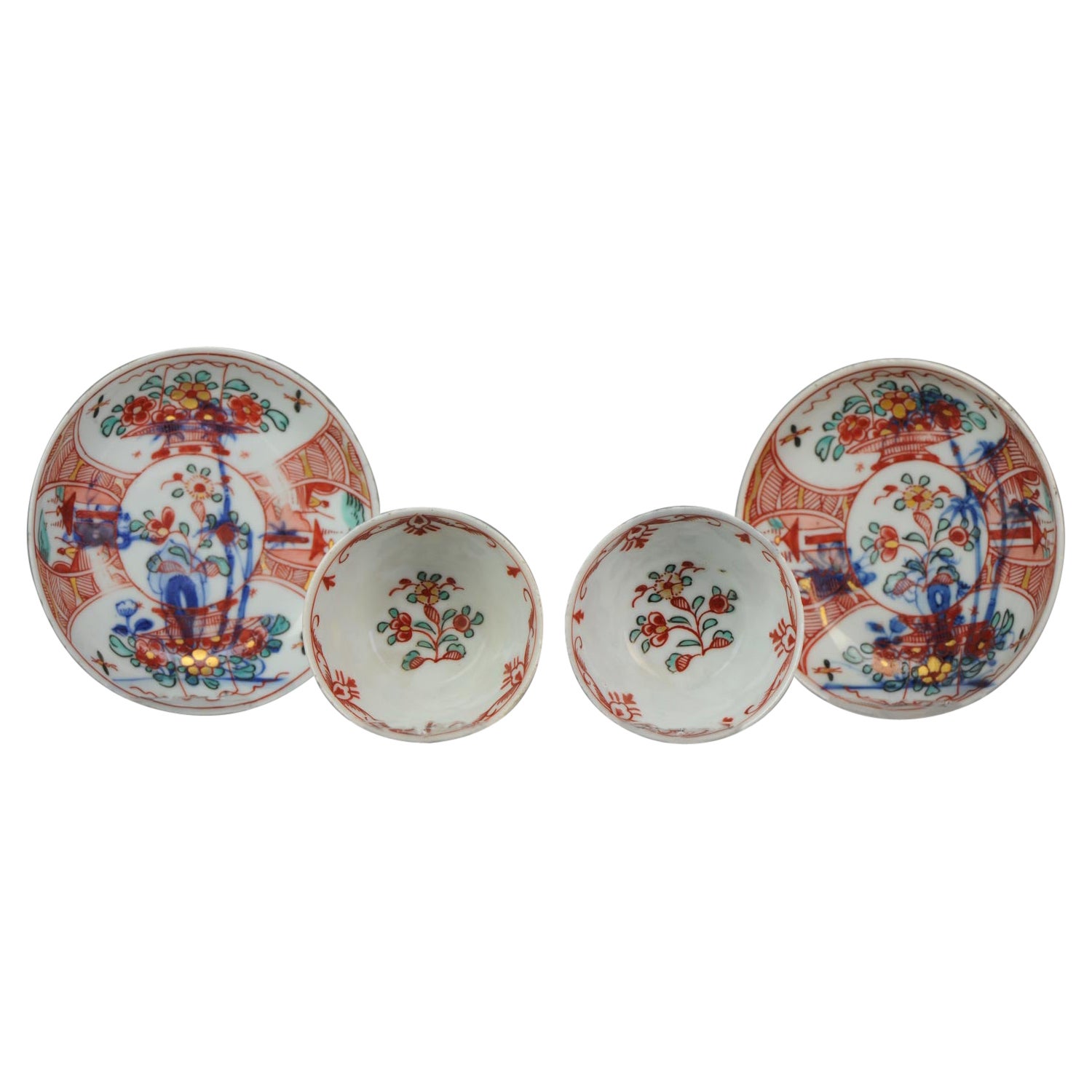 Set of 2 Antique Chinese Porcelain Tea Bowl Cup Saucer Amsterdam Bont, 18th Cen For Sale