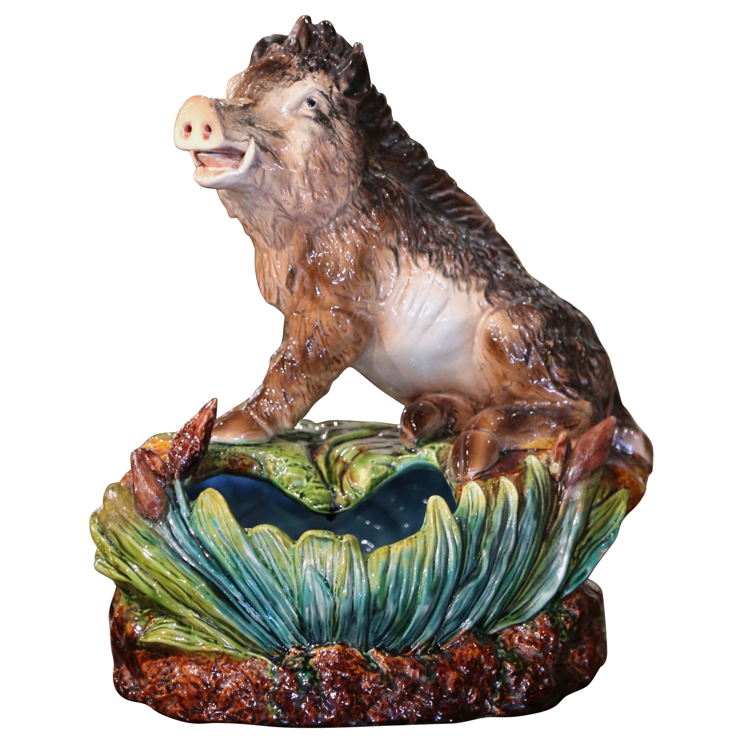 Early 20th Century French Painted Barbotine Planter Composition with Boar Decor For Sale