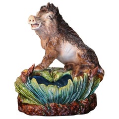 Early 20th Century French Painted Barbotine Planter Composition with Boar Decor