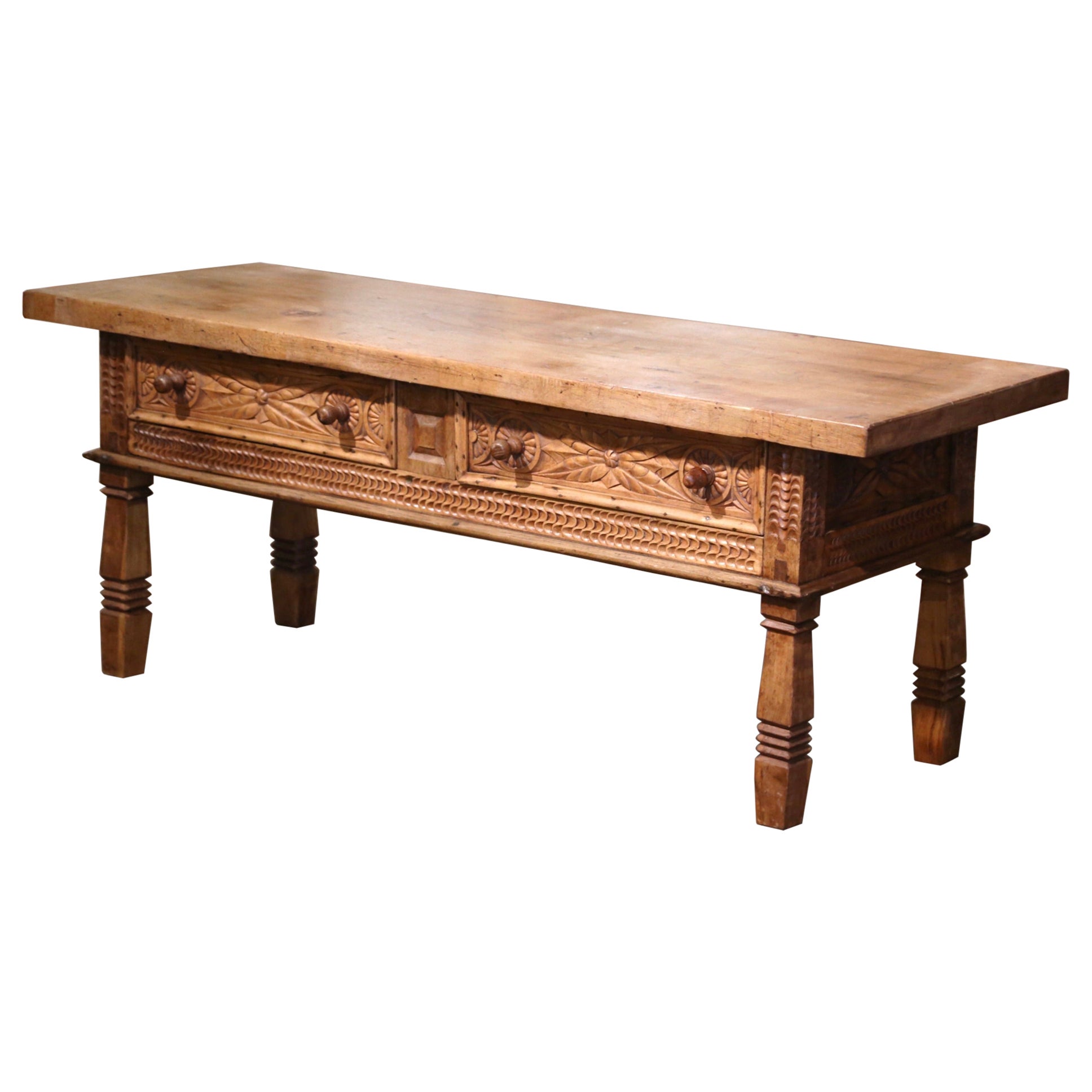 19th Century Spanish Carved Bleached Walnut Two Drawers Cocktail Coffee Table