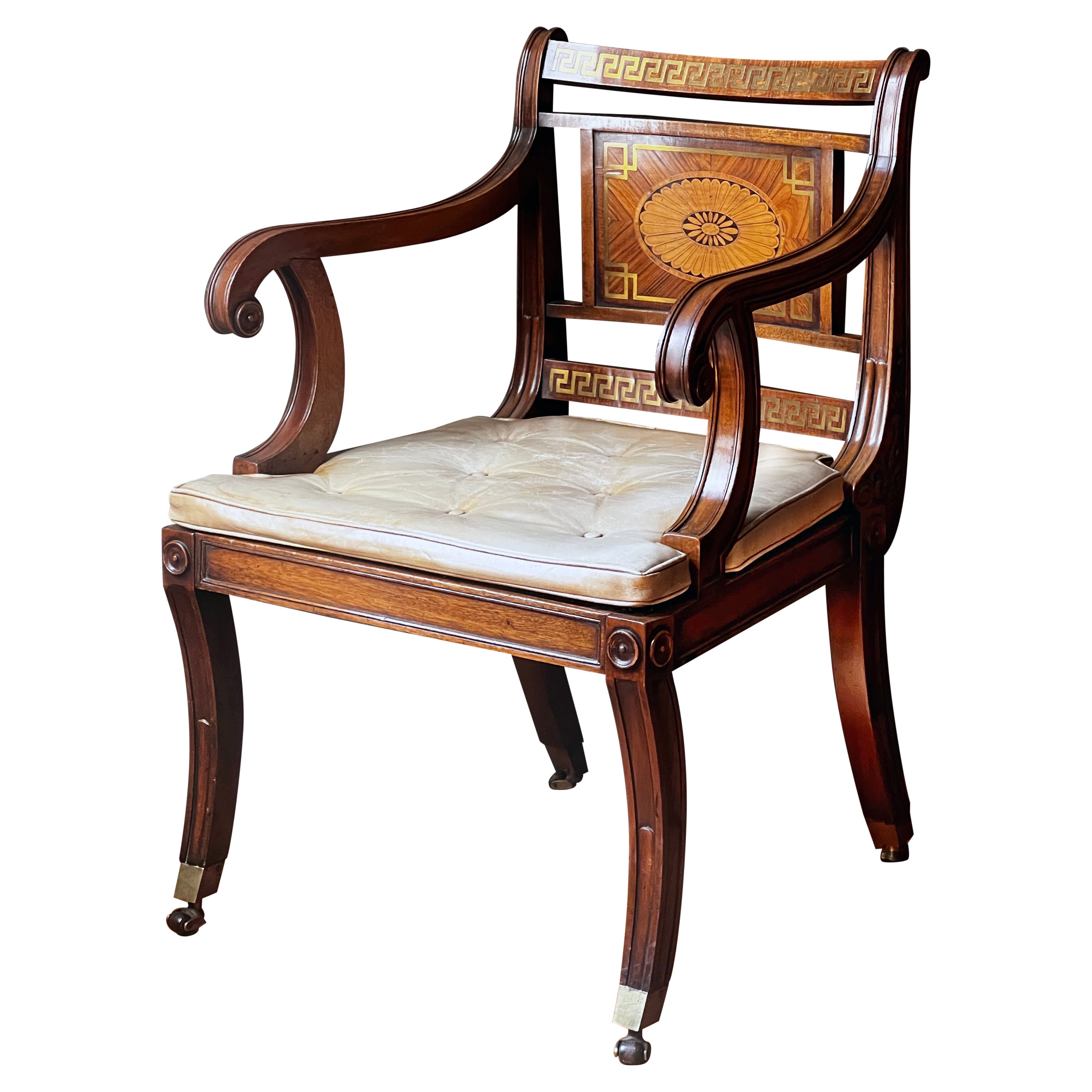 Regency Revival Mahogany Brass Inlaid Armchair For Sale