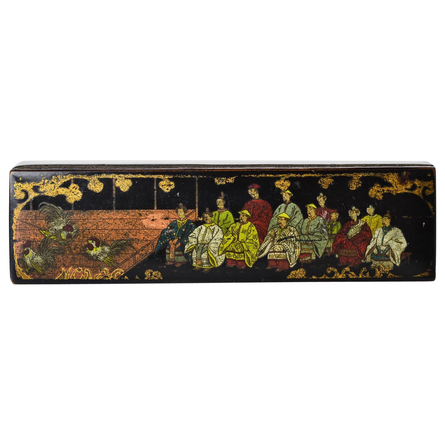 Antique China Wood Pencil Box Chicken Cock Figth Imerial Court Scene Top, 18th C For Sale