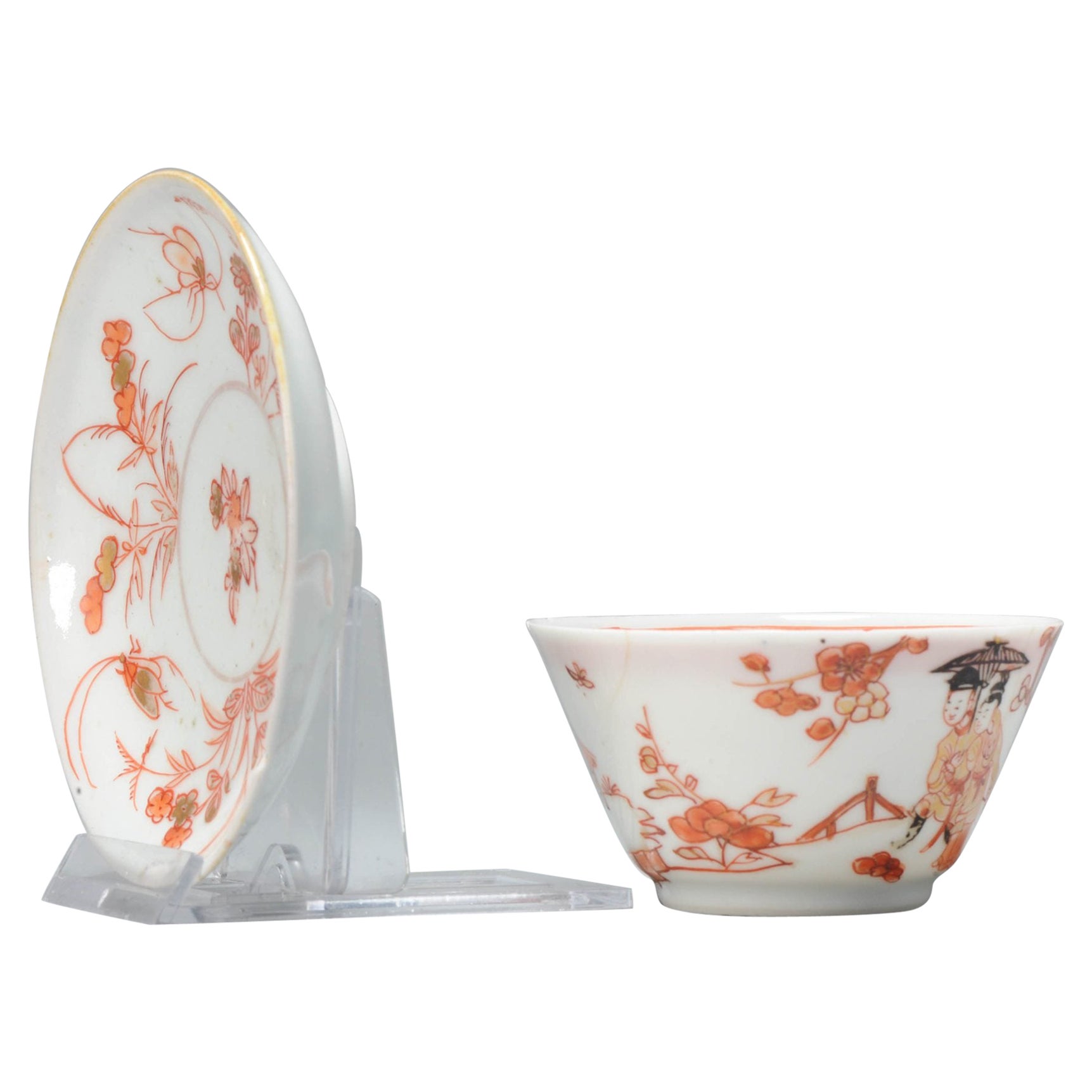 Antique Chinese Porcelain BLood & Milk Tea Set Pronk Dame au Parasol, 18th Cen For Sale