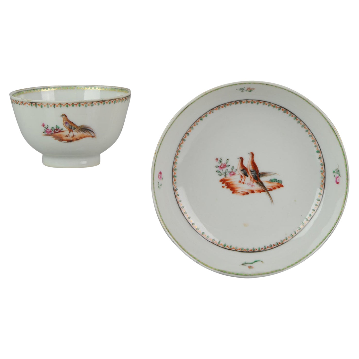 Antique Chinese Porcelain Famille Rose Qianlong Bird Tea Bowl China, 18th Cen For Sale