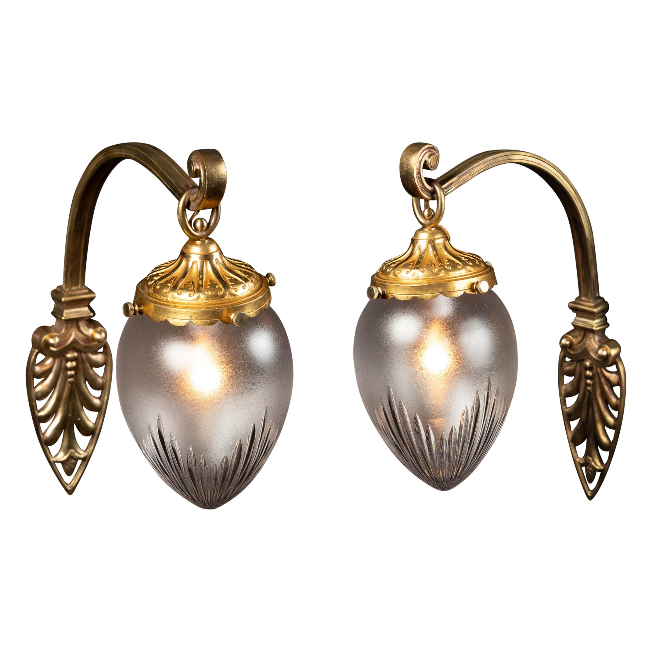 Pair of French 19th Century Bronze Sconces with Etched Satin Glass Globes For Sale