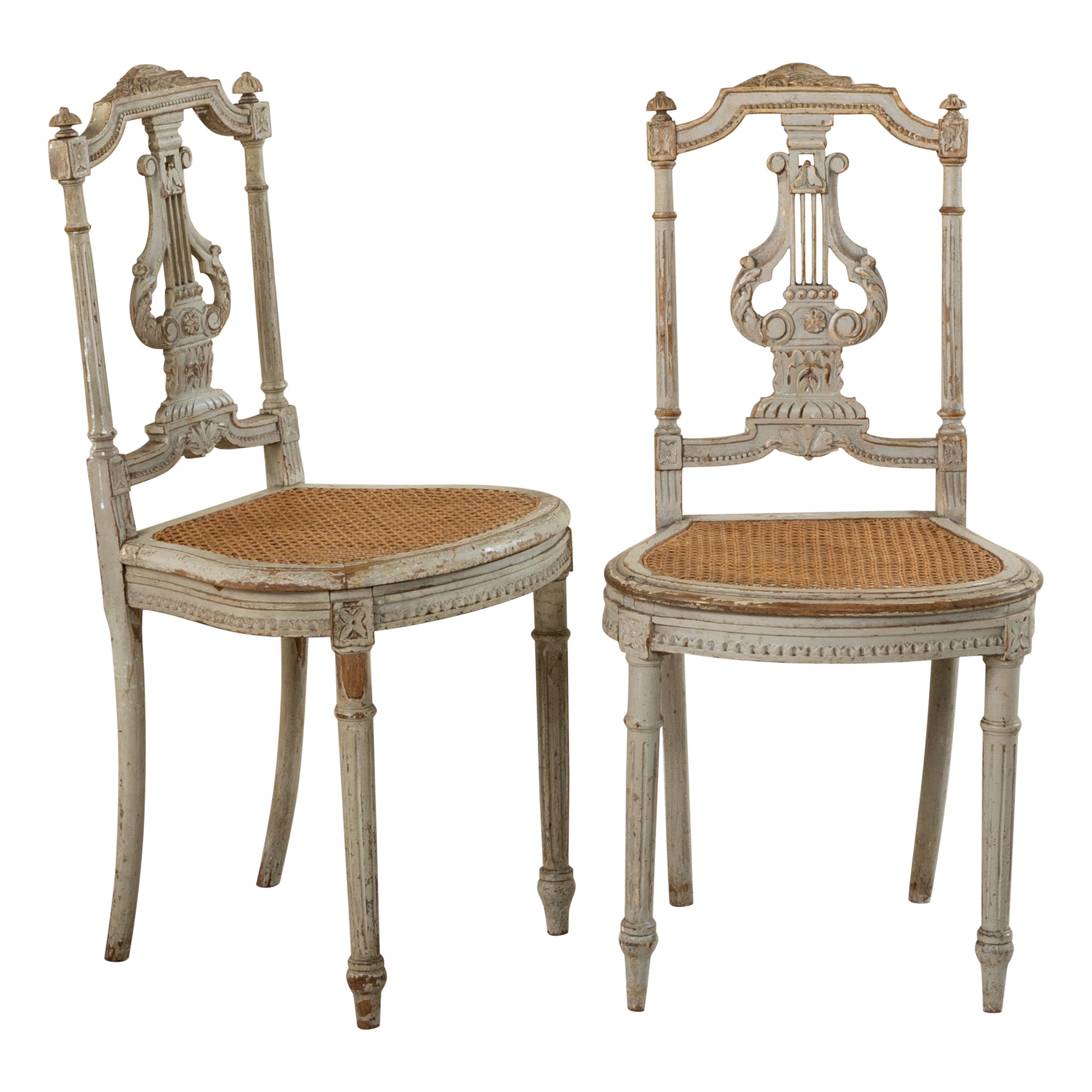 Pair of Mid-19th Century French Louis XVI Style Painted Opera Chairs Side Chairs