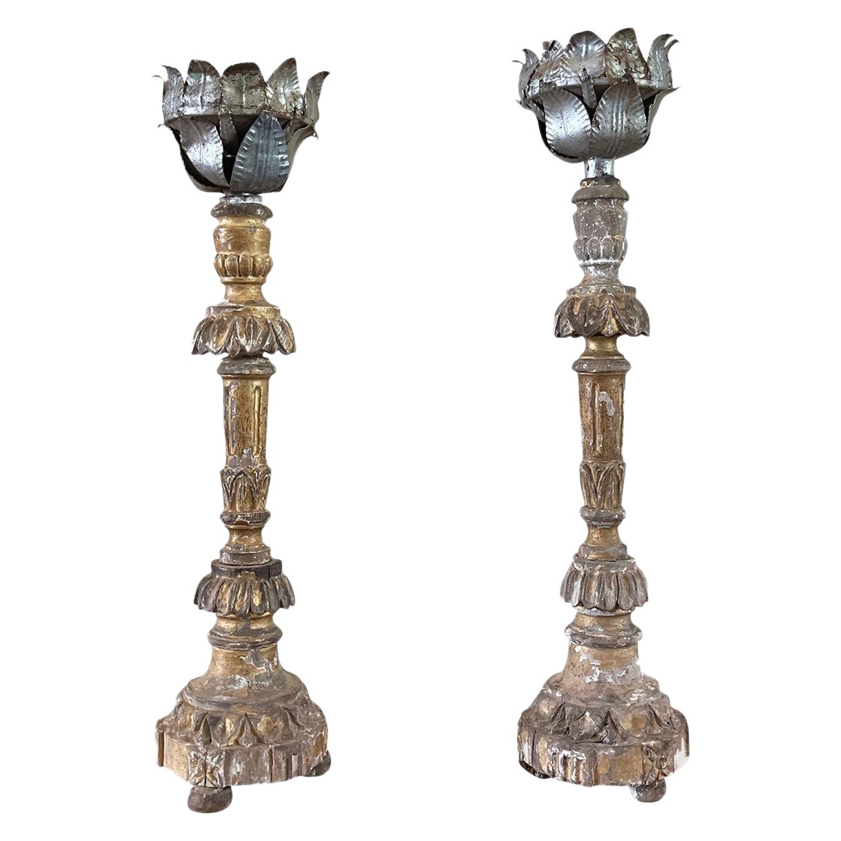 19th Century French Pair of Antique Pinewood Candle Holders For Sale