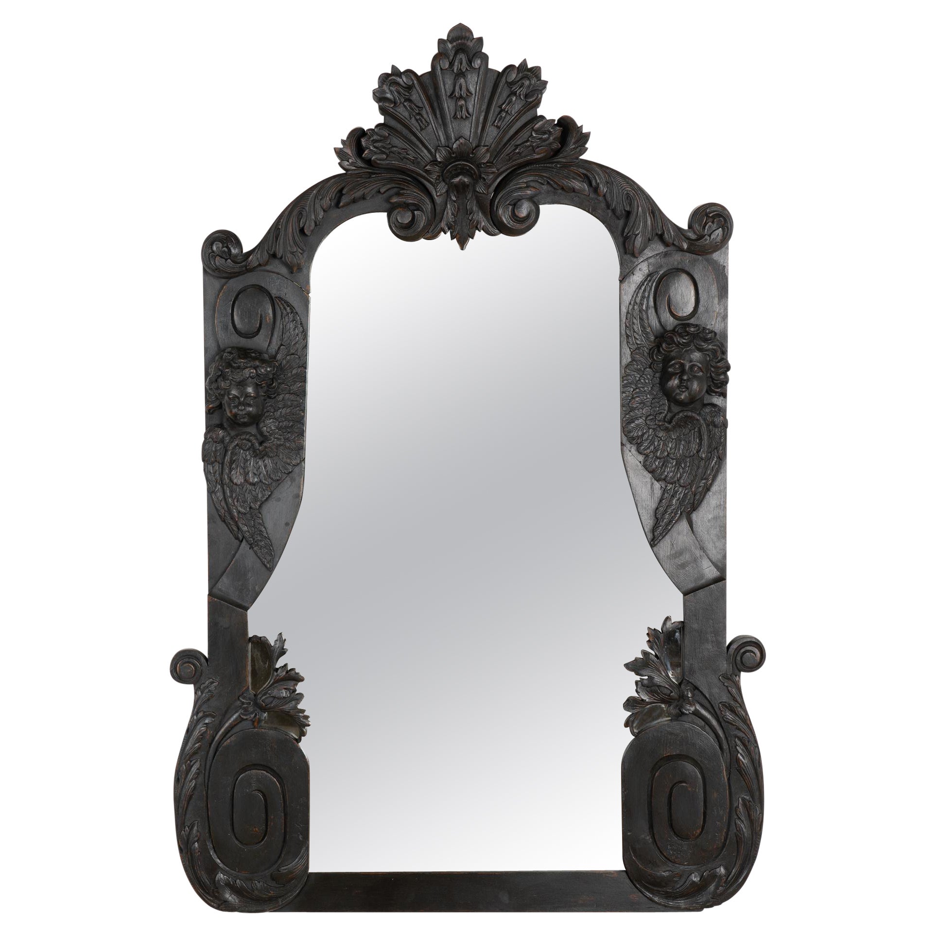 Large Black Painted Carved Oak Mirror with Cherubs, France circa 1900-20 For Sale