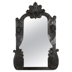 Large Black Painted Carved Oak Mirror with Cherubs, France circa 1900-20