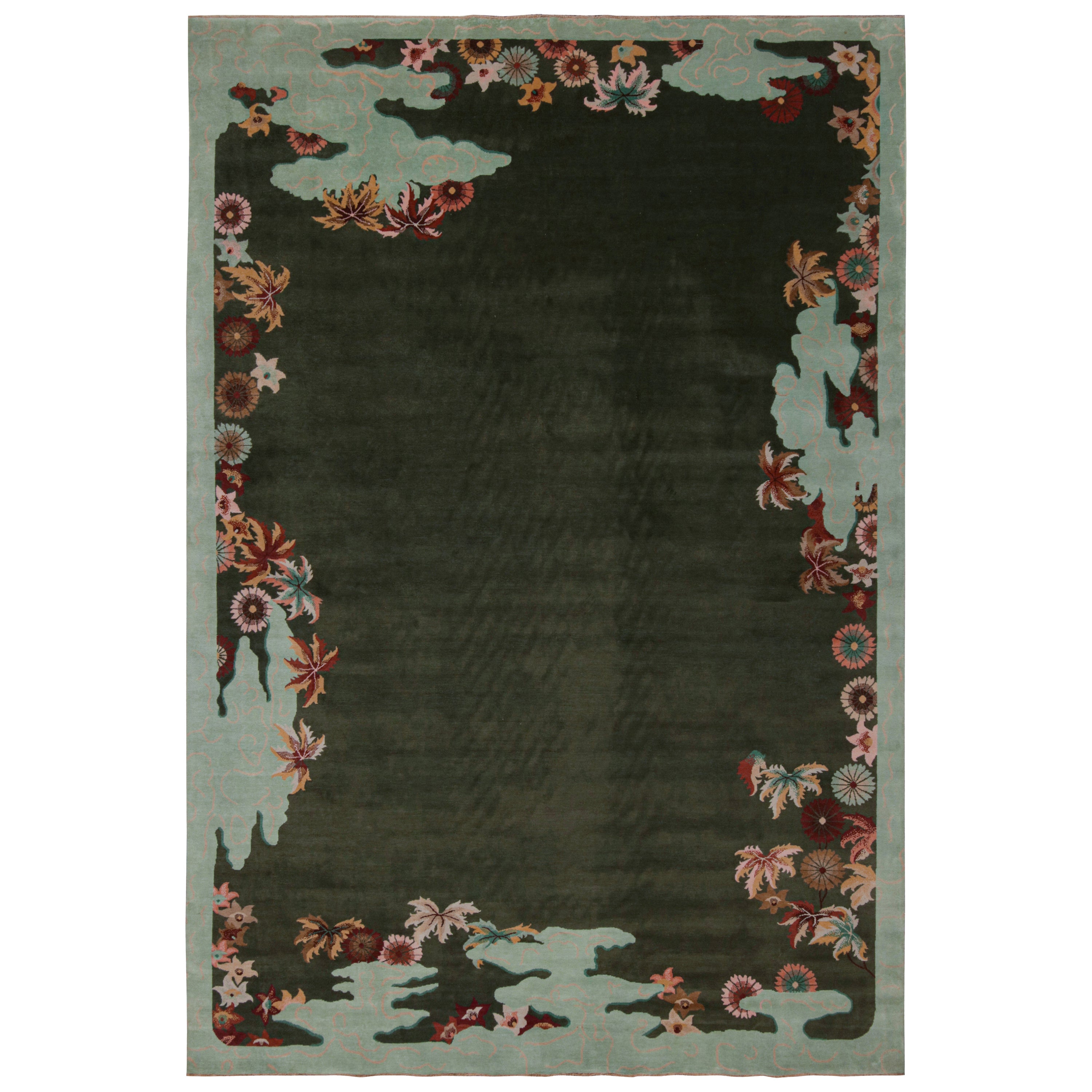Rug & Kilim’s Chinese Art Deco Style Rug in Green with Floral Patterns For Sale