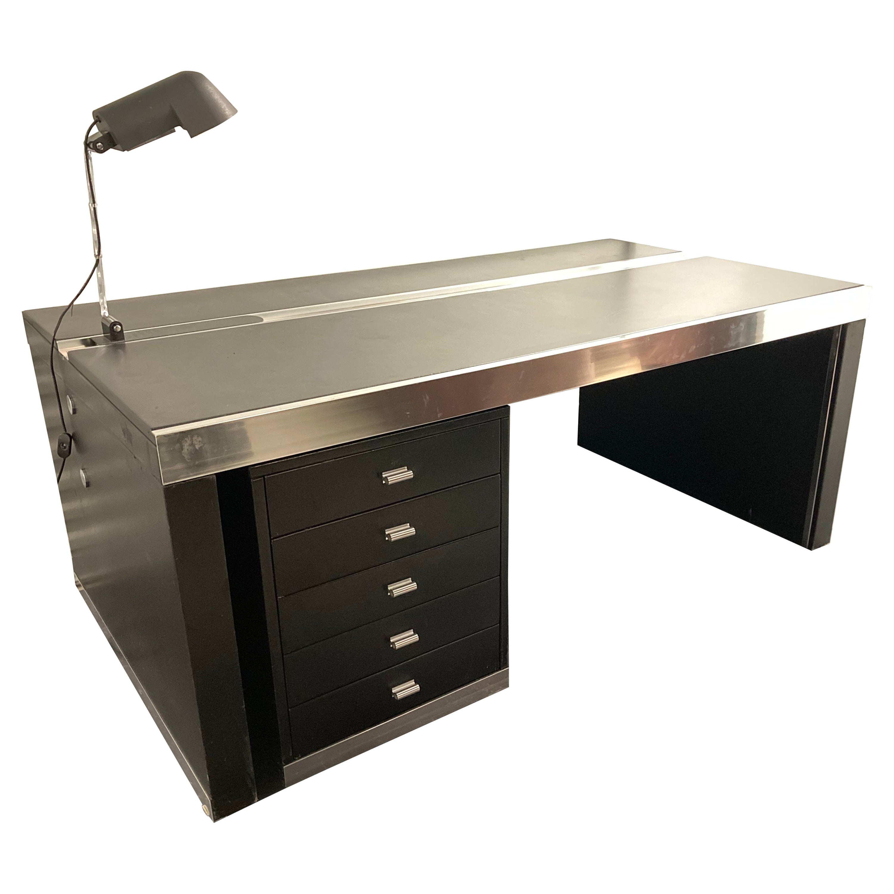 Guido Faleschini for Mariani, Italy, 1970s Black Leather and Steel Desk. For Sale