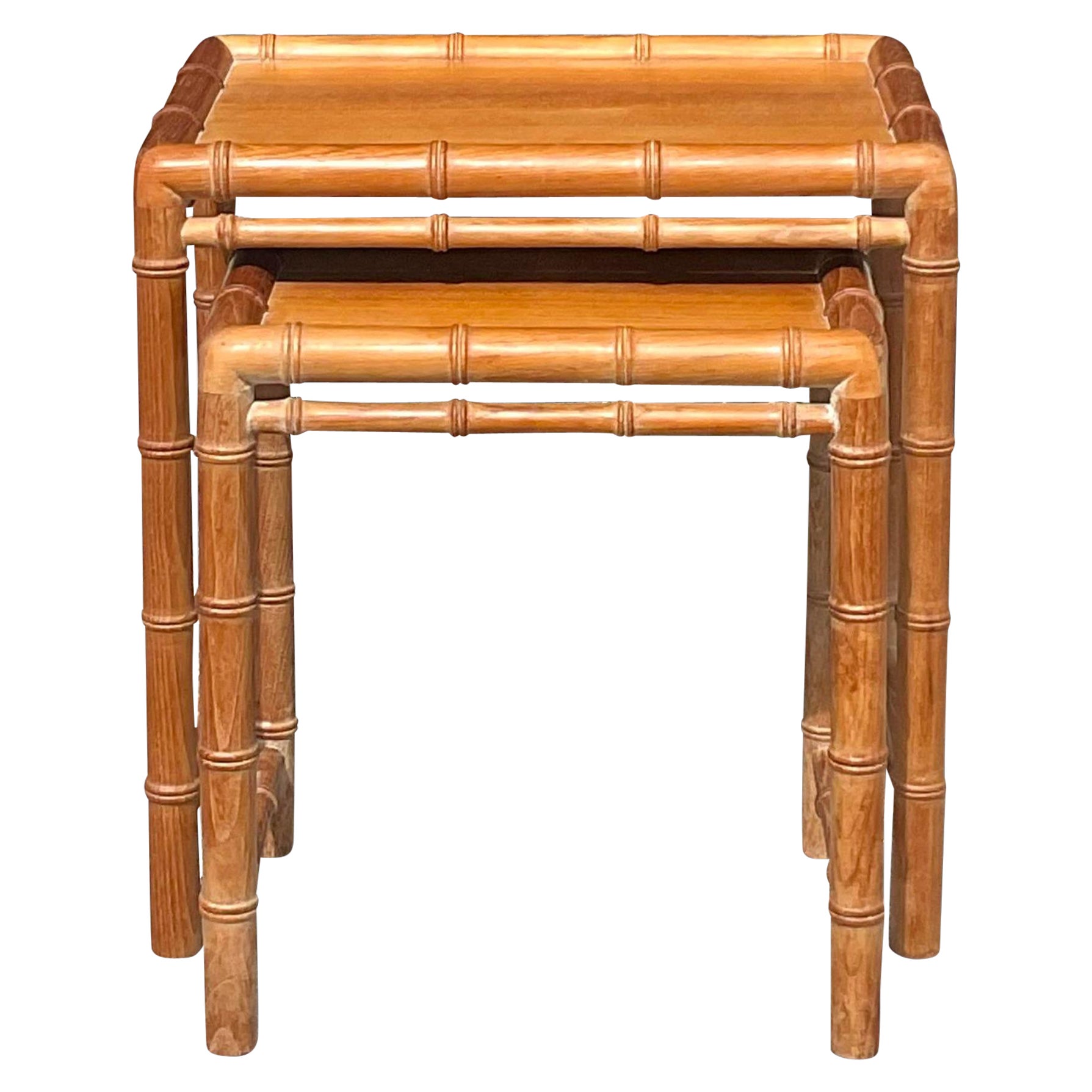 Late 20th Century Vintage Coastal Carved Bamboo Nesting Tables - a Pair