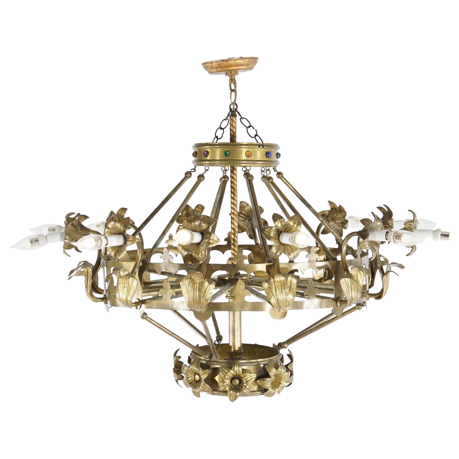 Antique French Fleur-de-Lis Design Brass & Jeweled Twelve-Light Chandelier C1930