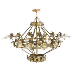 Antique French Fleur-de-Lis Design Brass & Jeweled Twelve-Light Chandelier C1930