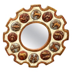 Espejo Brutalista de Madera de Signo del Zodiaco de mediados de siglo, Alemania, 1970