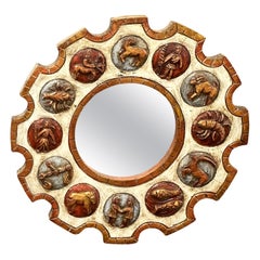 Retro Mid-Century Modern Brutalist Wooden Zodiac Sign Starburst Mirror, Germany, 1970s