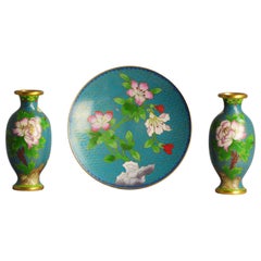 Set of 3 Perfect Set Mid Chinese Cloisonne Small Vases + Plate Flowers, 20th Cen