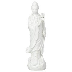 Antique Dehua Blanc de Chine Statue Guanyin with a Lotus Flower, 20th Century