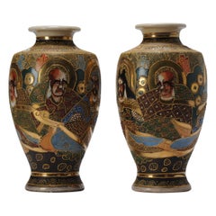 Pair of Vintage/Vintage Satsuma Vases with Figures/Arhats Marked, 20th Century