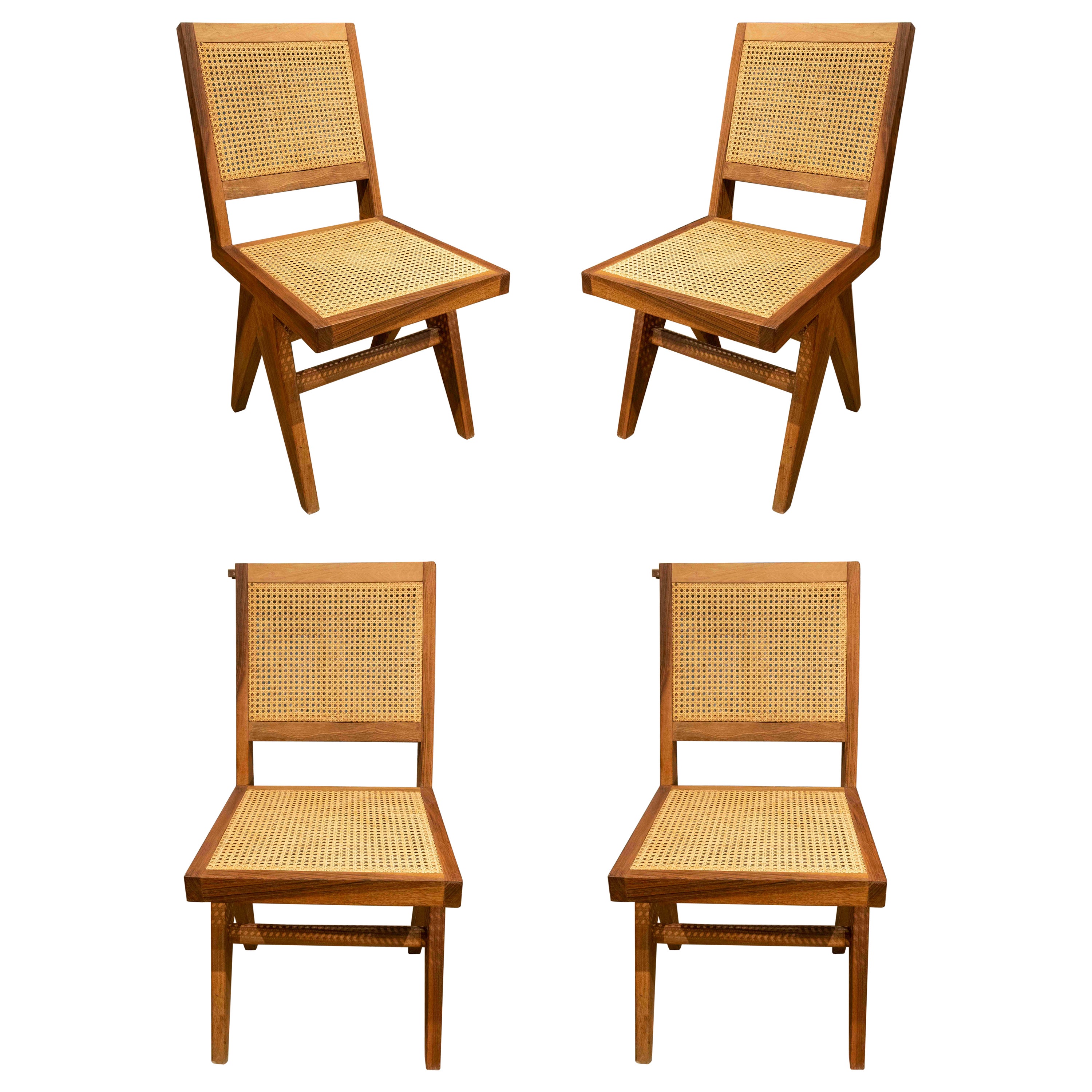 Set of Four Wooden Chairs with Wicker Grid Seat and Backrest For Sale