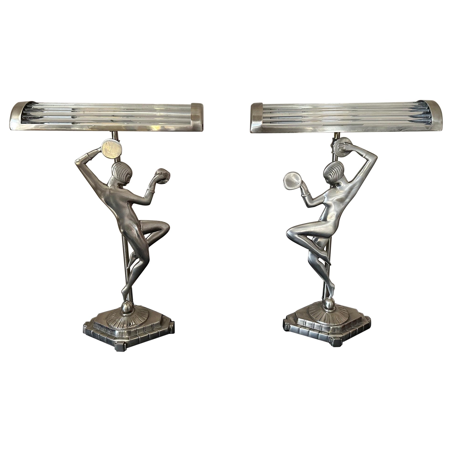 Paar französische verchromte Art-Déco-Tischlampen aus Metall, 20. Jahrhundert, 1930er Jahre
