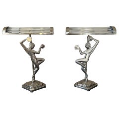 Paar französische verchromte Art-Déco-Tischlampen aus Metall, 20. Jahrhundert, 1930er Jahre