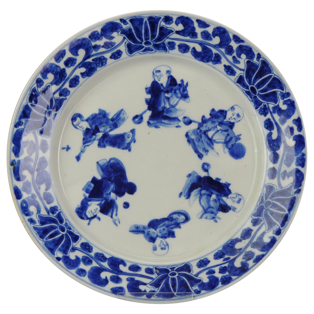 Very Good Japanese Sometsuke Arita Arita Plate with Toy Horse Figures, 19th Cen For Sale