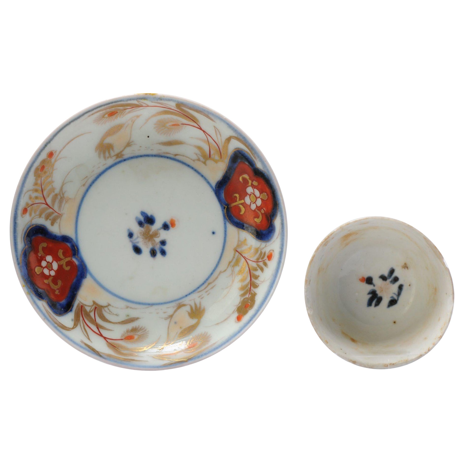 Pair Japanese Porcelain Flower Tea Cup Bowl & Saucer Saucer Imari Quails, 18th C For Sale