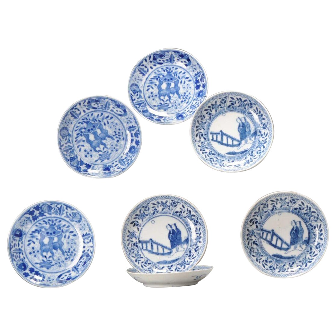 Set of 6 Antique European Mosa Dishes Maastricht Landscape Kangxi Style, ca 1900 For Sale