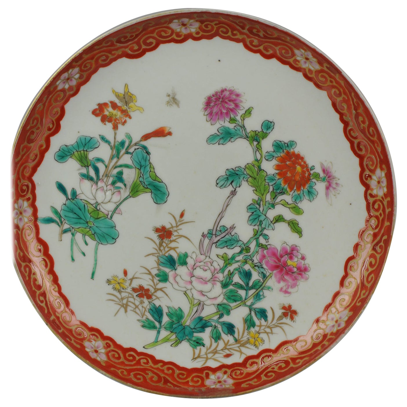 Great Japanese Hichozan Shinpo zo Plate Peony Flowers Butterfly flowers, 19th C For Sale