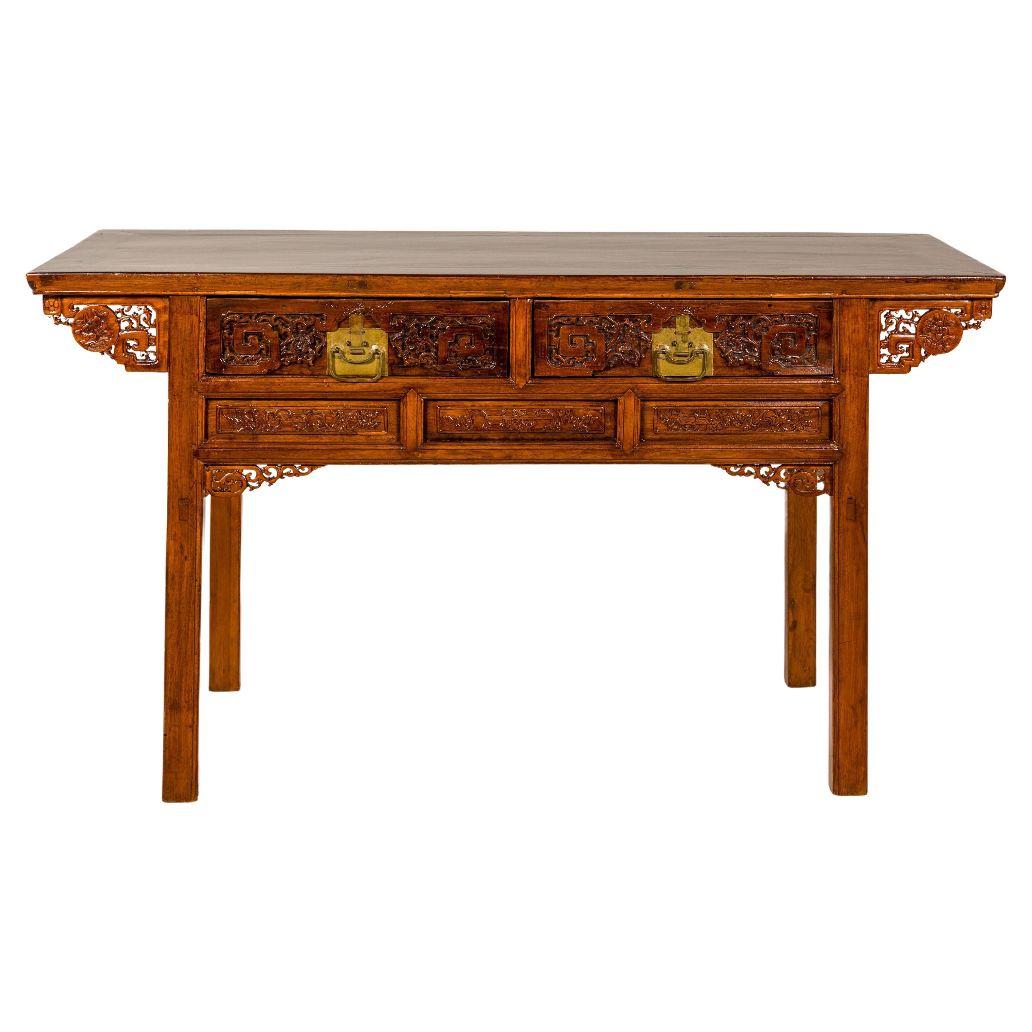 Richly Carved Console Table with Two Drawers, Scrolling Clouds and Flowers