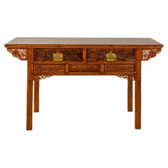 Richly Carved Console Table with Two Drawers, Scrolling Clouds and Flowers