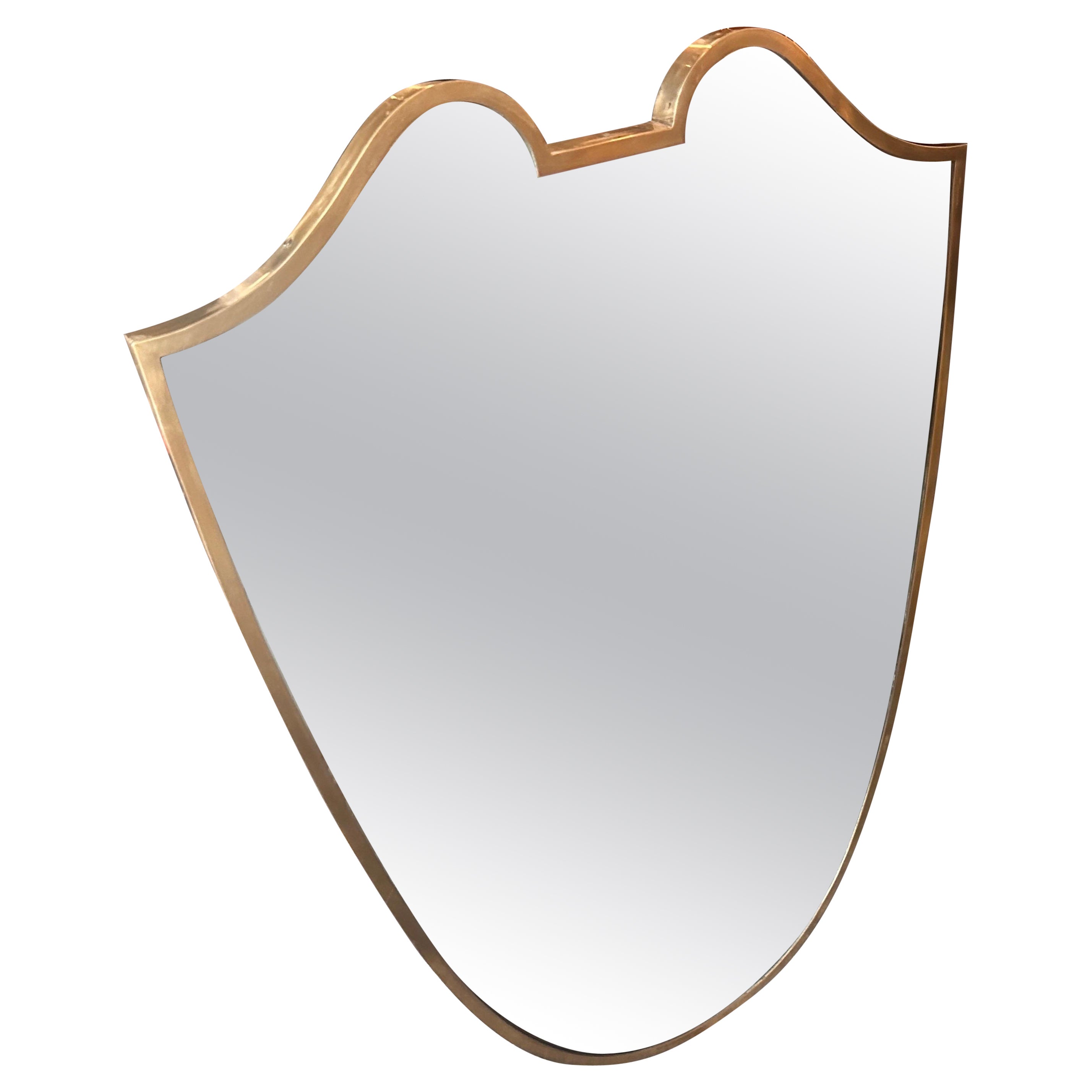 1950s Mid-Century Modern Gio Ponti Style Brass Italian Shield Wall Mirror For Sale