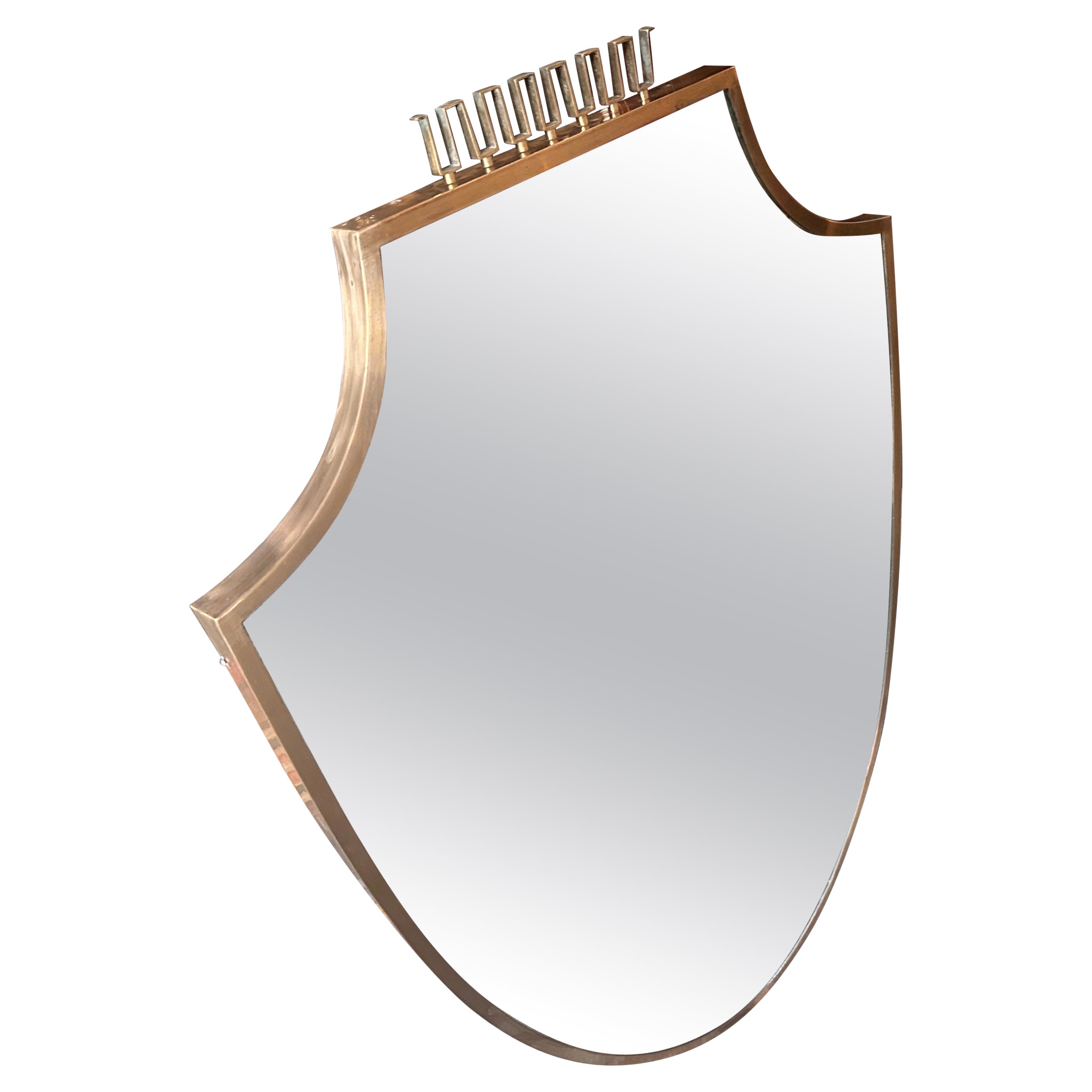 1950s Gio Ponti Style Mid-Century Modern Brass Italian Shield Wall Mirror