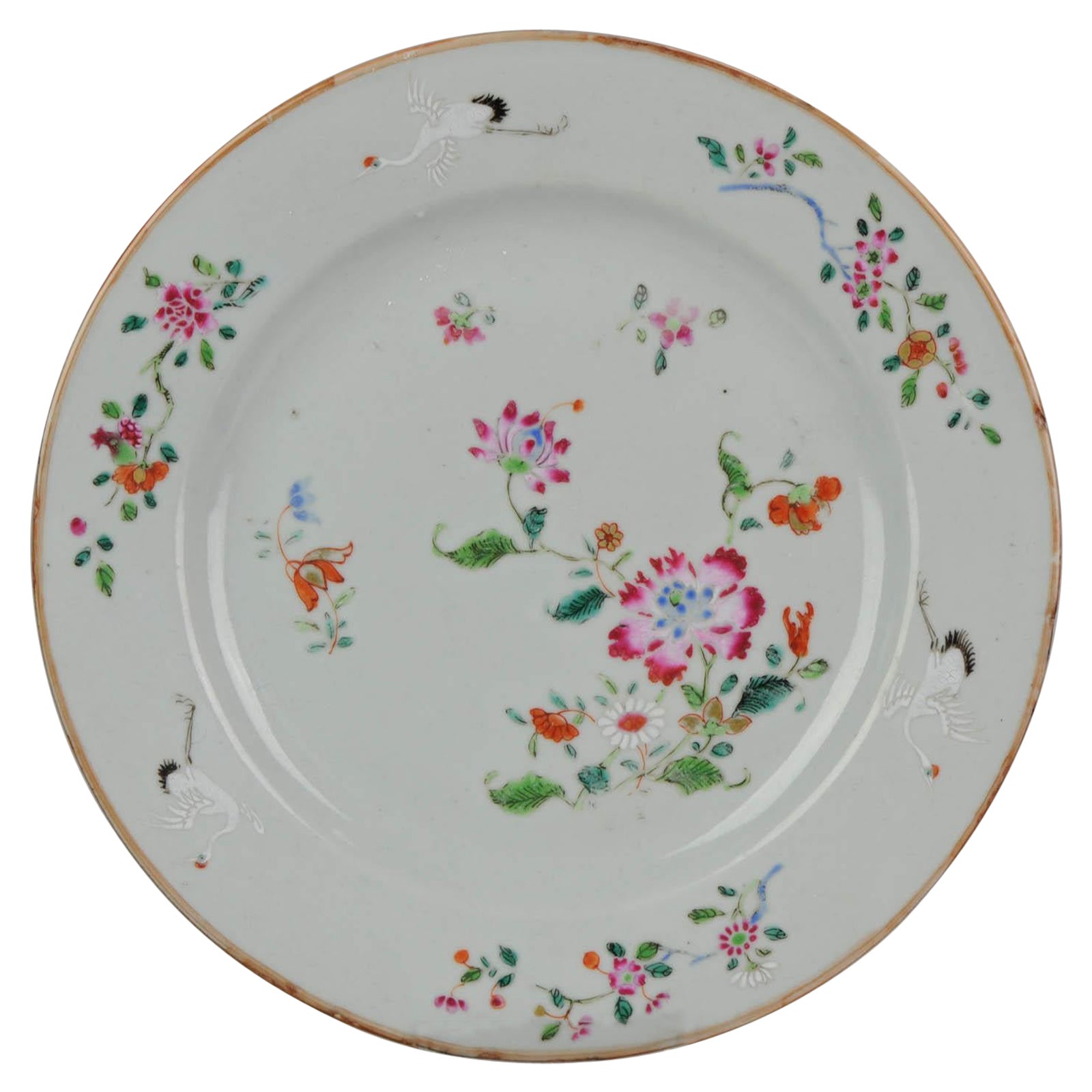 Antique Plat Crane Fencai Porcelain Famille Rose China Qianlong, 1736-1795 For Sale