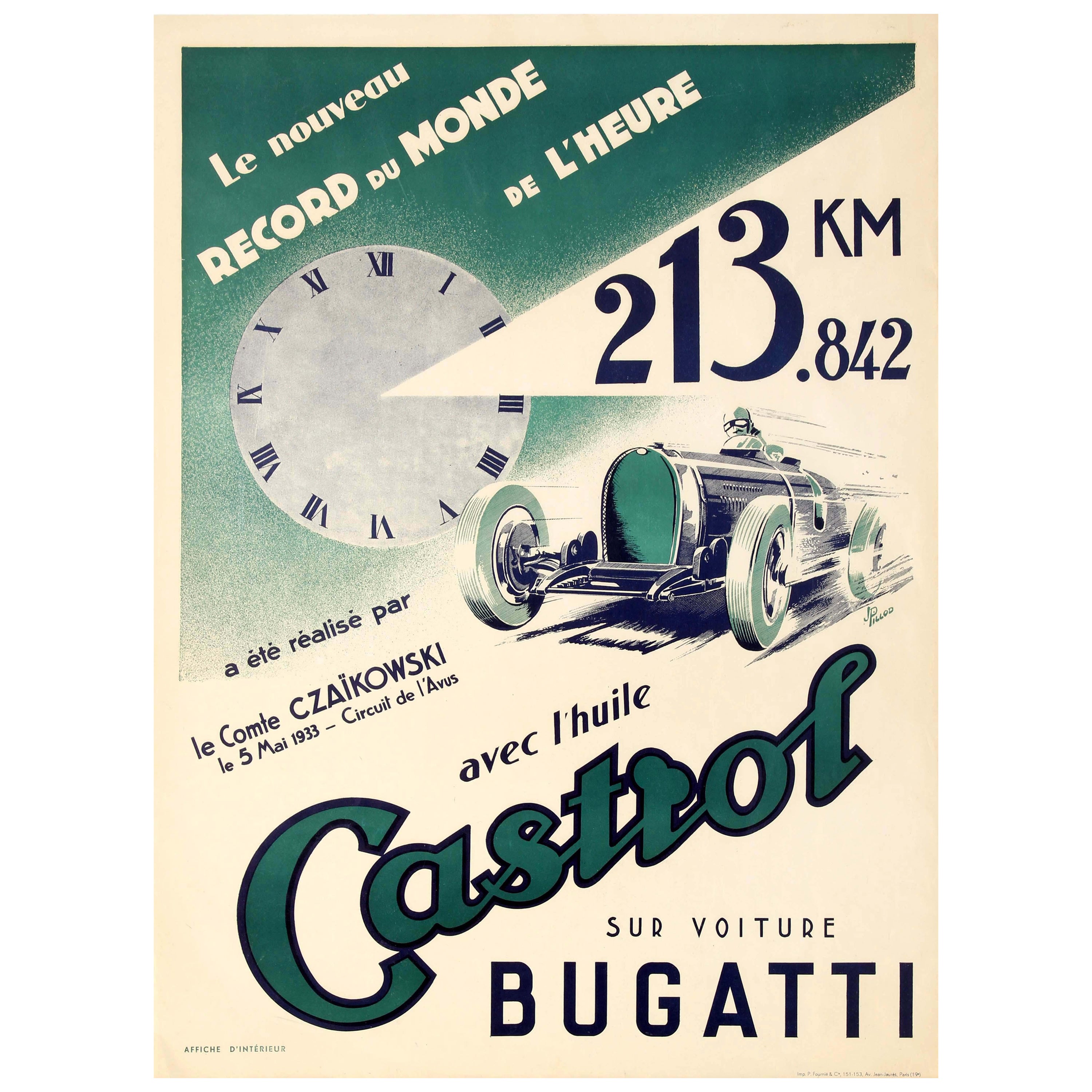 Original Vintage Bugatti World Record Motor Racing Poster Sponsor By Castrol Oil For Sale