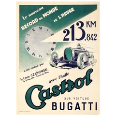 Original Vintage Bugatti World Record Motor Racing Poster Sponsor By Castrol Oil