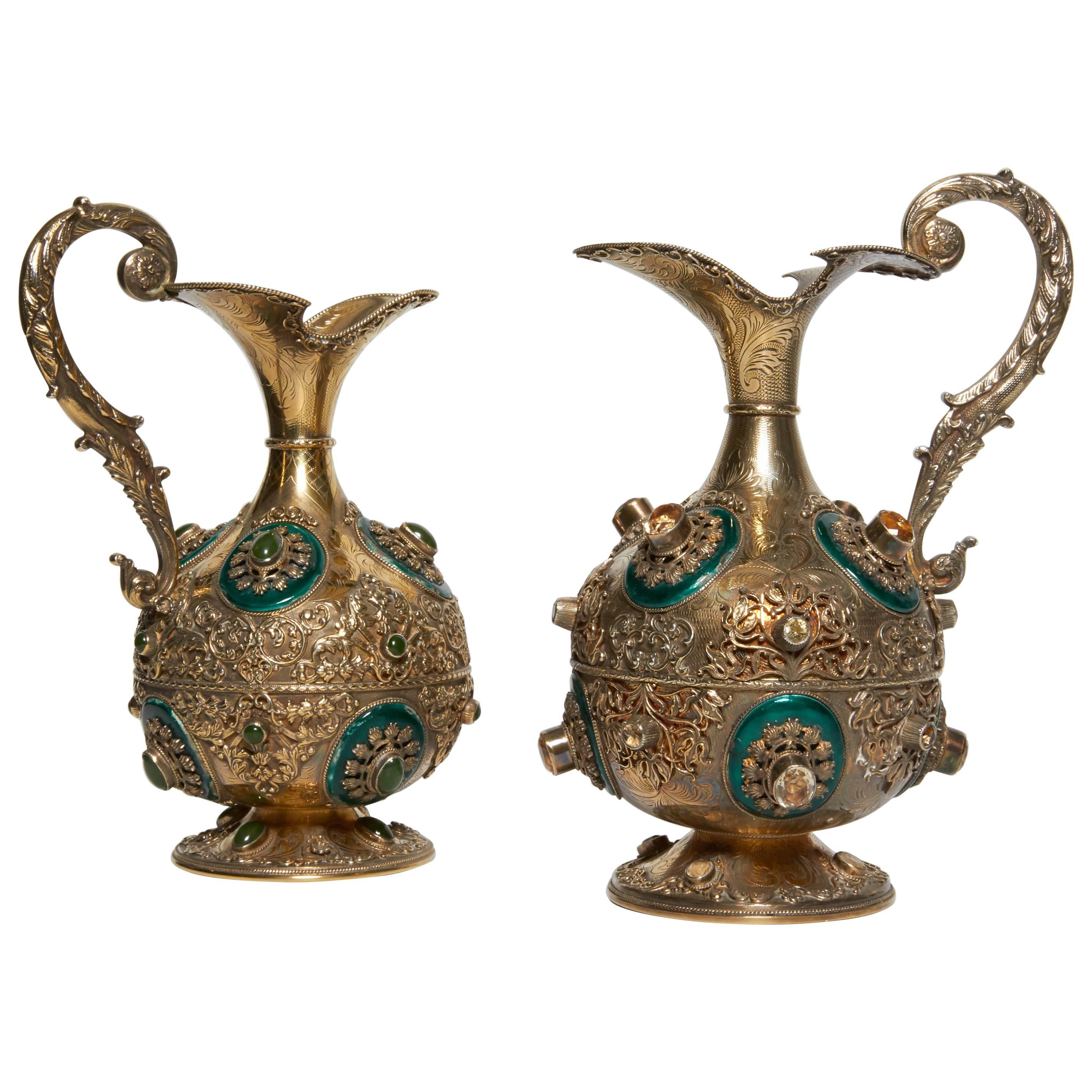 Fine Pair of Antique Austrian Enamel on Silver and Gold Jeweled Ewers