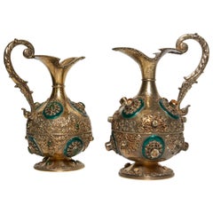 Fine Pair of Used Austrian Enamel on Silver and Gold Jeweled Ewers