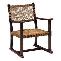 Antique Rustic Easy Chair in Solid Wood and Rope, France, 1930s