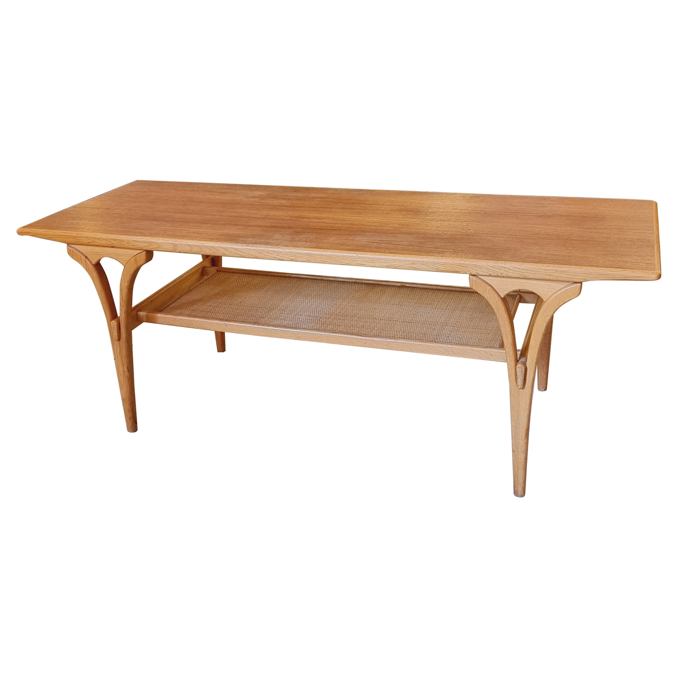 Birger Larsson, Table basse / table de canapé, teck, chêne et rotin. Scandinave moderne
