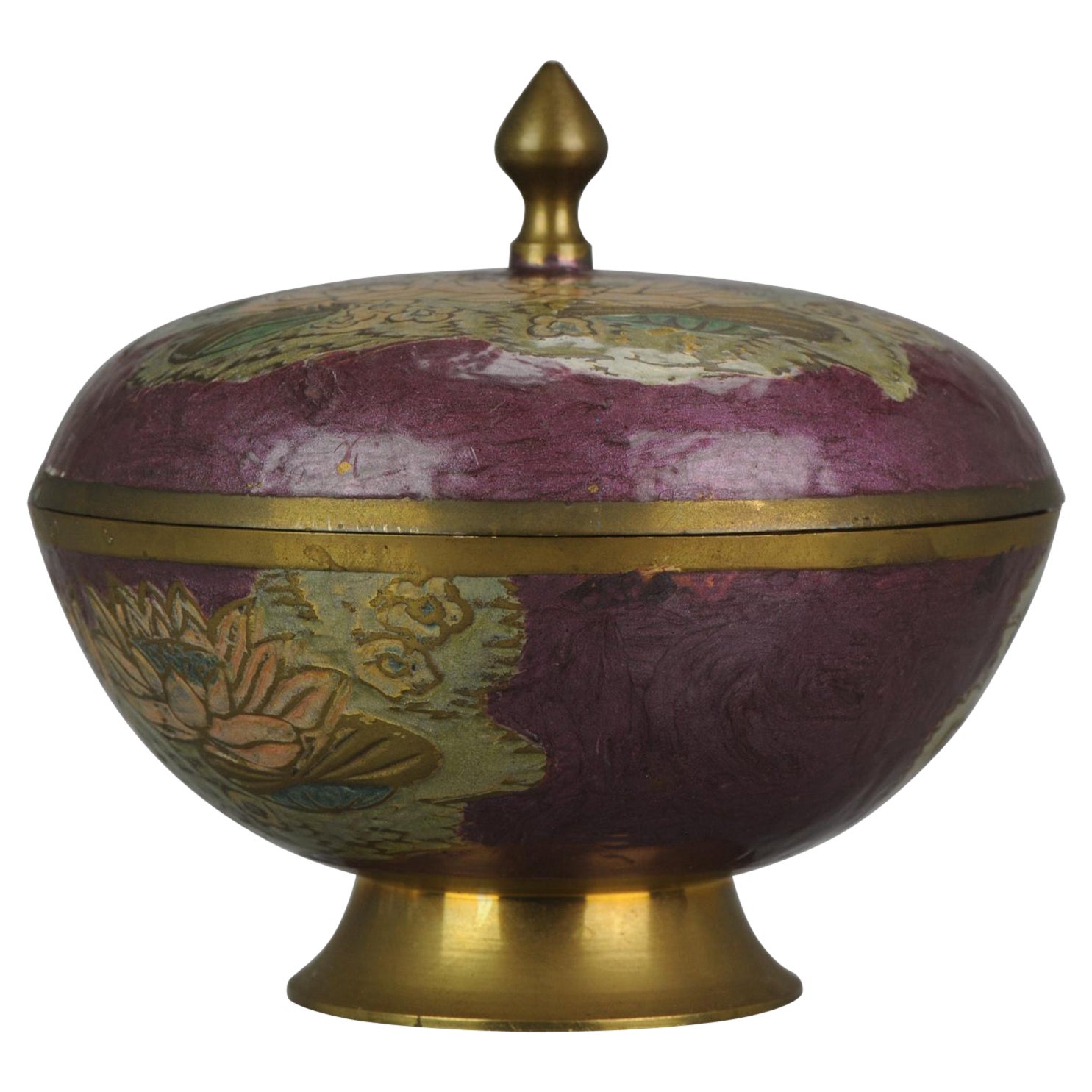 Vaso Cloisonné d'epoca in bronzo e ottone Inscense Koro India, XX secolo