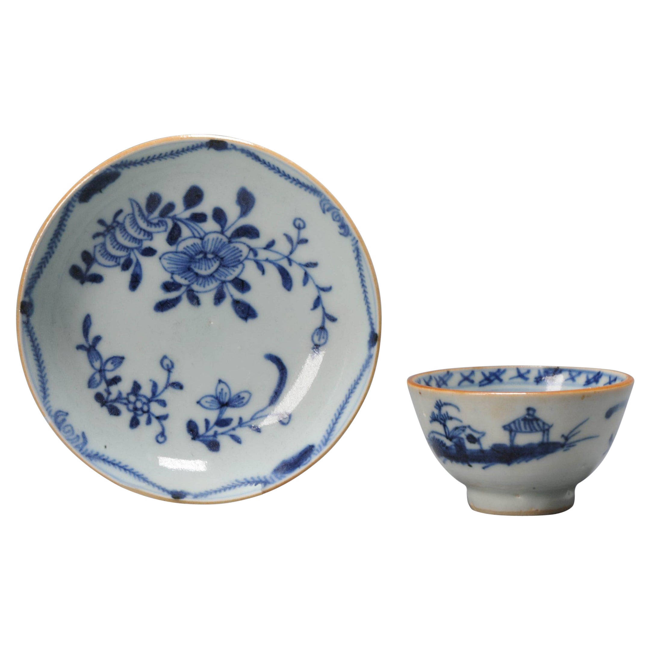 Blaue und weiße Teekanne und Untertasse aus chinesischem Exportporzellan