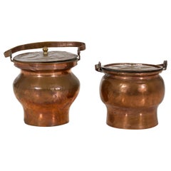 Two fine handmade copper holders with lit, signed, circa 1750