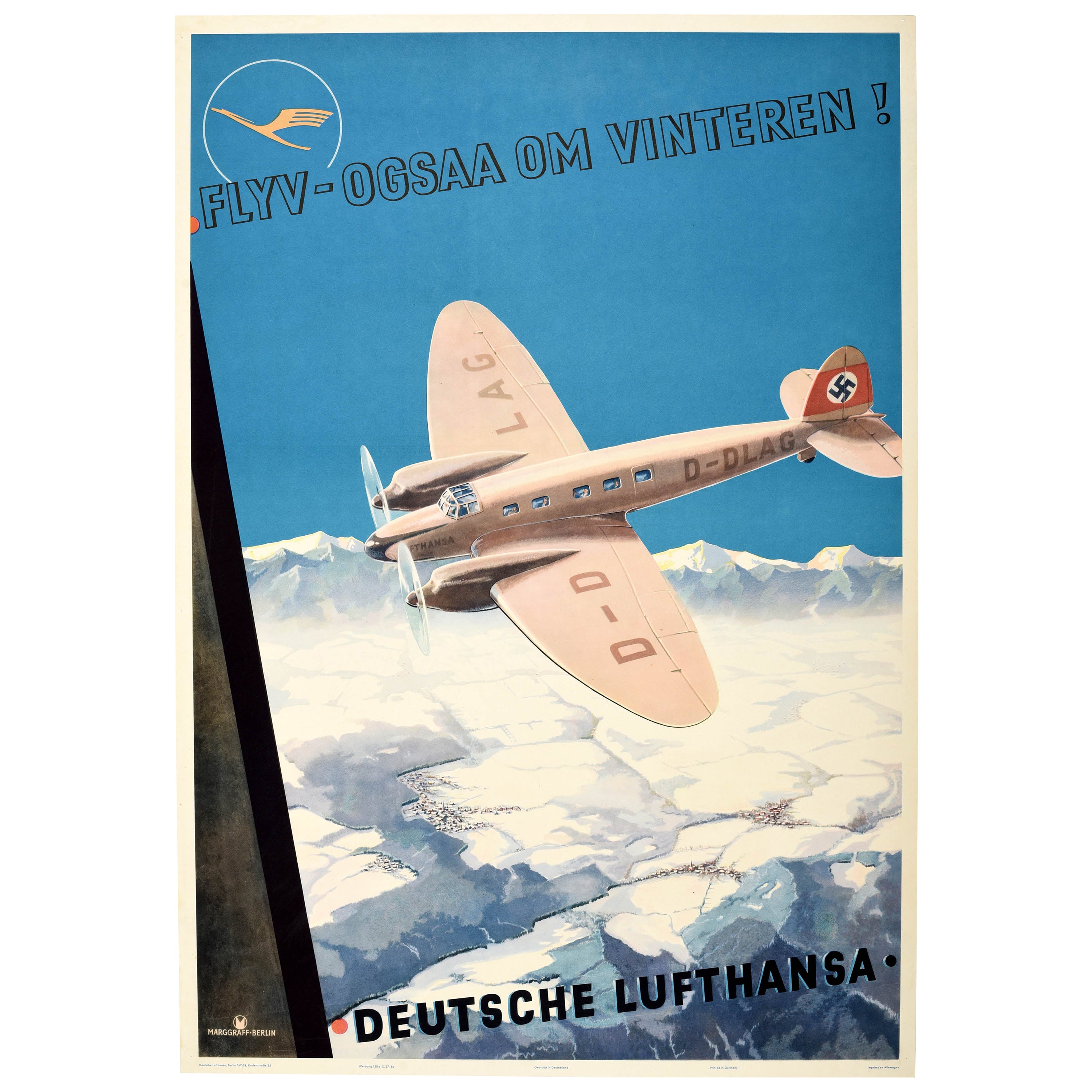 Affiche rétro originale Deutsche Lufthansa, Flyv-Ogsaa, Om Vinteren, Avions d'hiver en vente